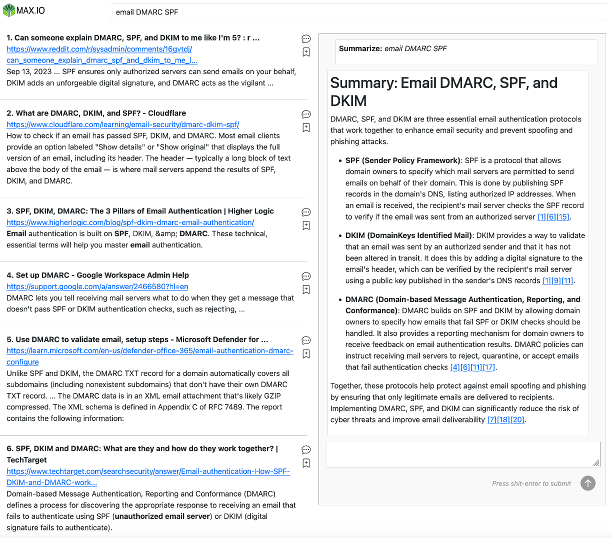 MAX.IO Search Platform example for 'email DMARC SPF'