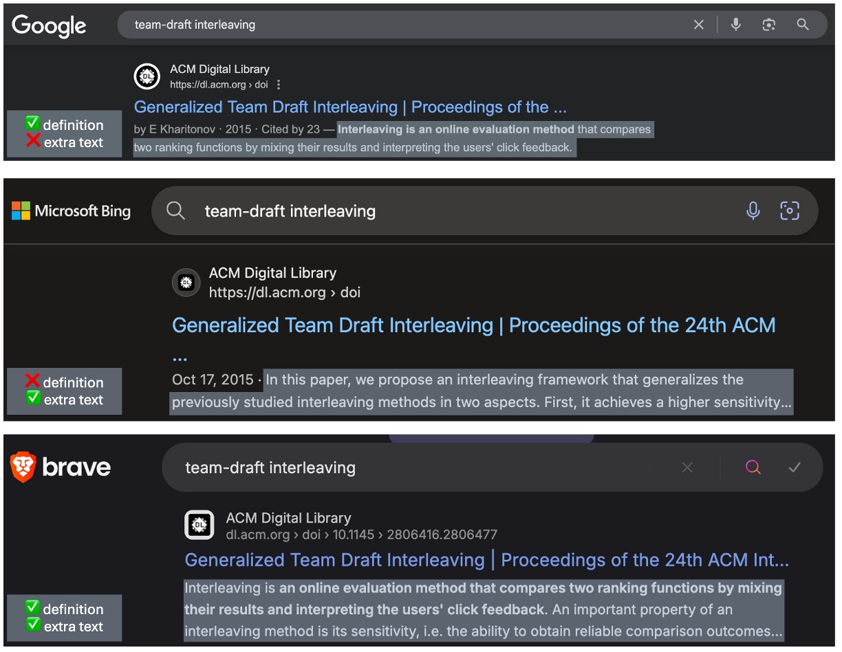 Comparing how a result is displayed for Google, Bing, and Brave